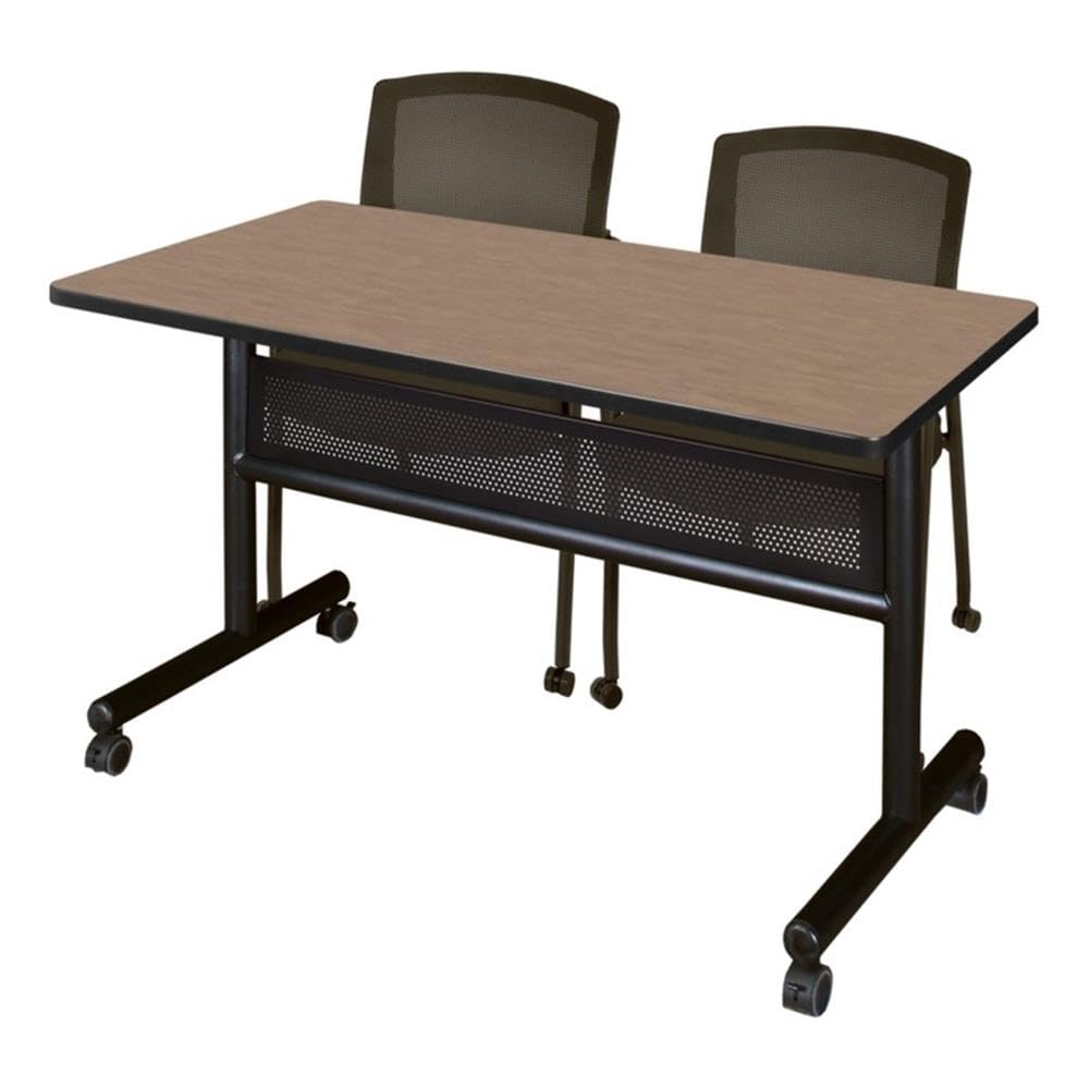 48 x 24 Flip-Top Nesting Table, Noble Oak Laminate, 2 Mesh-Back Guest Chairs, Metal Frame, Durable Melamine Top, Space-Saving Design for Training or Conference Rooms