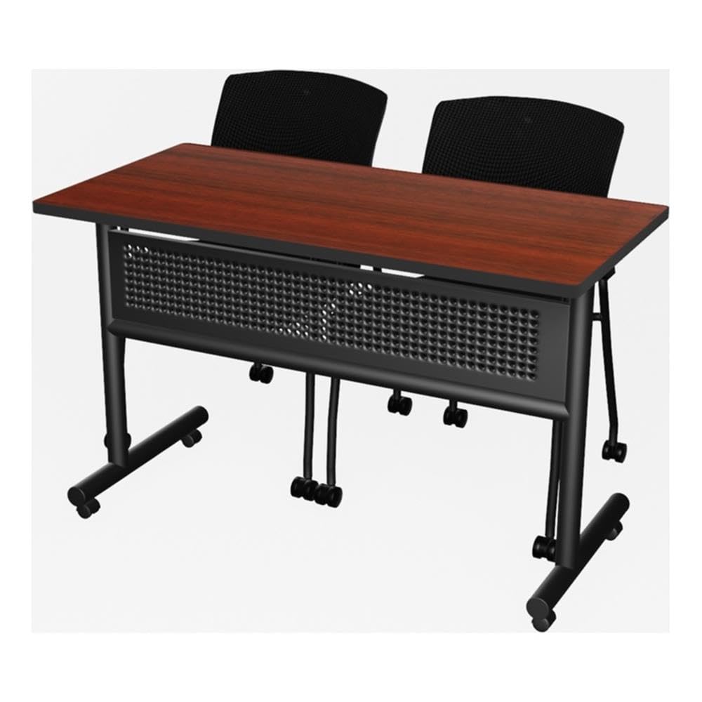 48 x 24 in Flip-Top Nesting Table with 2 Mesh Guest Chairs, Mahogany Laminate, 1-Inch Thick Thermal Fused Melamine Top, Black T Edge Banding, Space-Saving Training Room Furniture Set