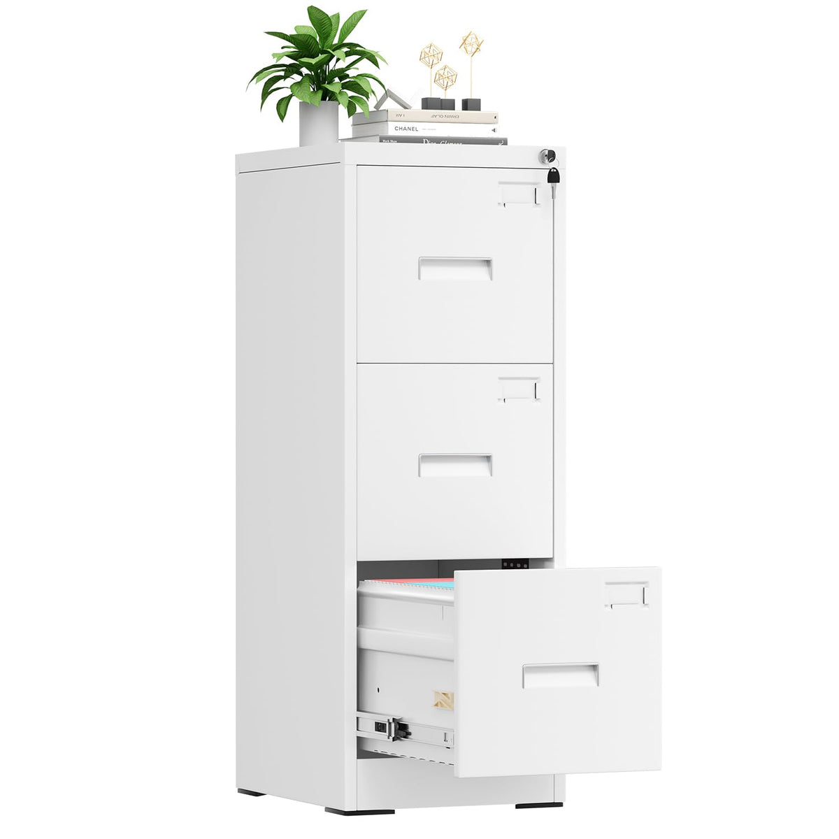 3 Drawer File Cabinet, White Metal Filing Cabinet with Lock, Locking Tall File Cabinets with 4 Adjustable Hanging Frame for Home Office, Name Tag