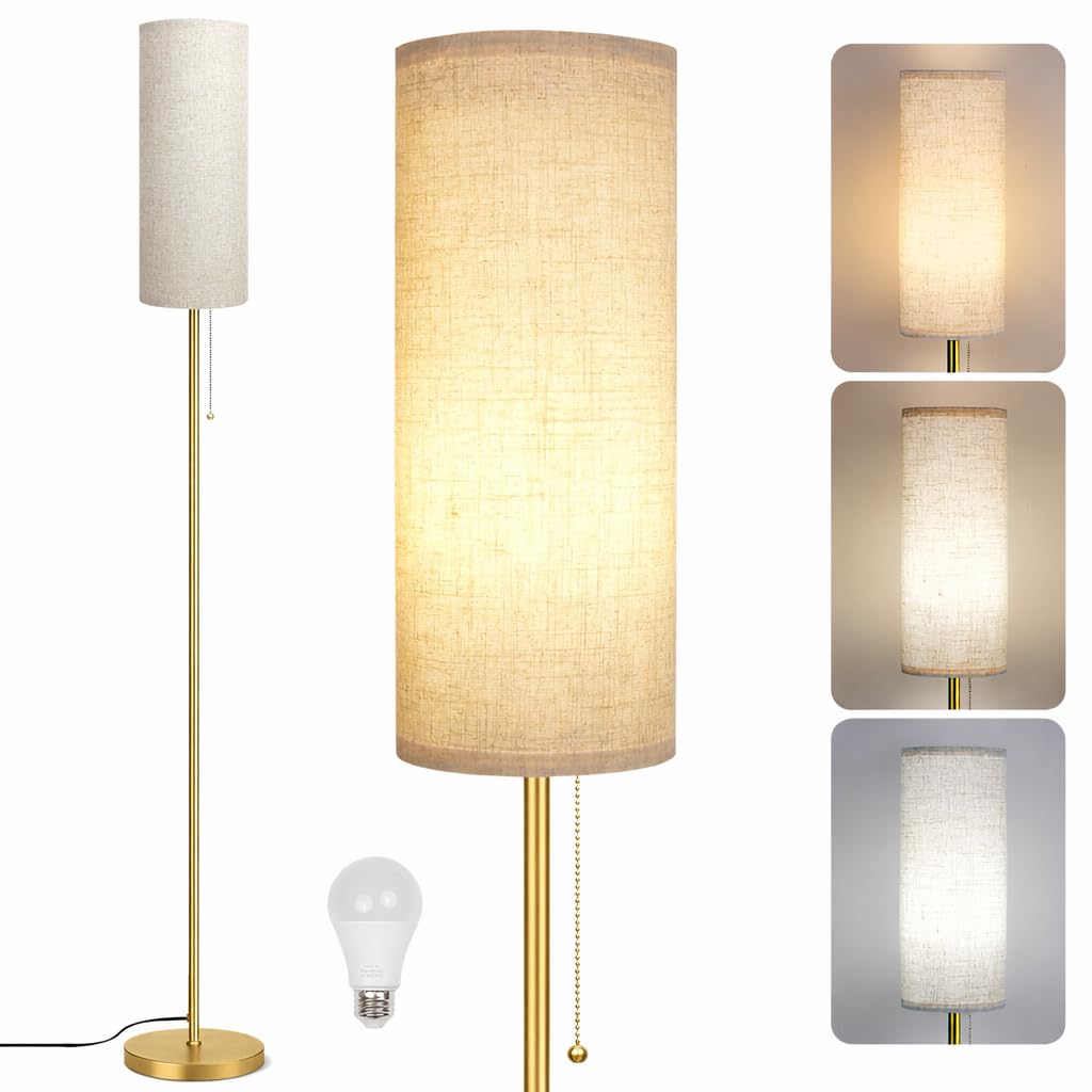 Modern Floor Lamp for Living Room, Gold Standing Lamps with 3 Color Temperatures Bulb, Minimalist Tall Lamp with Chain Switch for Bedroom, LED Bulb Included(Beige Shade+Gold)