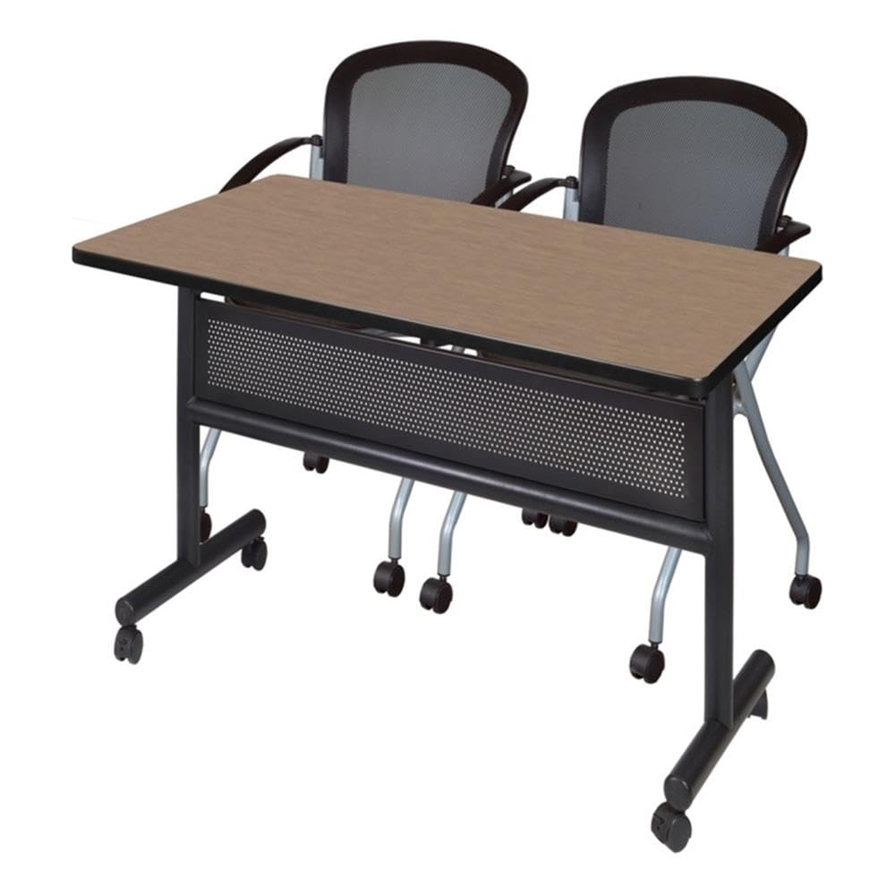 48 x 30 Flip-Top Table with 2 Mesh Nesting Chairs, Noble Oak Laminate, 1-Inch Thick Thermal Fused Melamine Top, Black T Edge Banding, Scratch and Stain Resistant, Meeting or Training