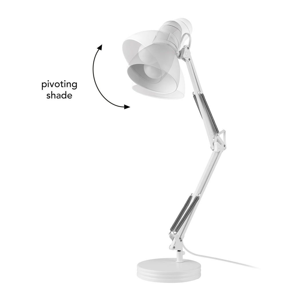 28" Swing Arm Architect Desk Lamp, Matte White, Rotary Switch on Shade, Partially Adjustable Arm, Modern Lighting for Bedroom or Office, Timeless, Indoor Lights
