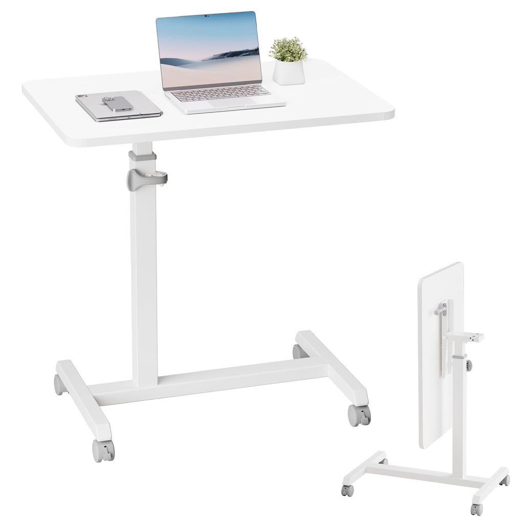 Small Standing Desk, 24 Inches Foldable Mobile Rolling Laptop PC Table with Lockable Casters, Adjustable Height Overbed Bedside Table Computer Workstation for Home Office, White-Foldable