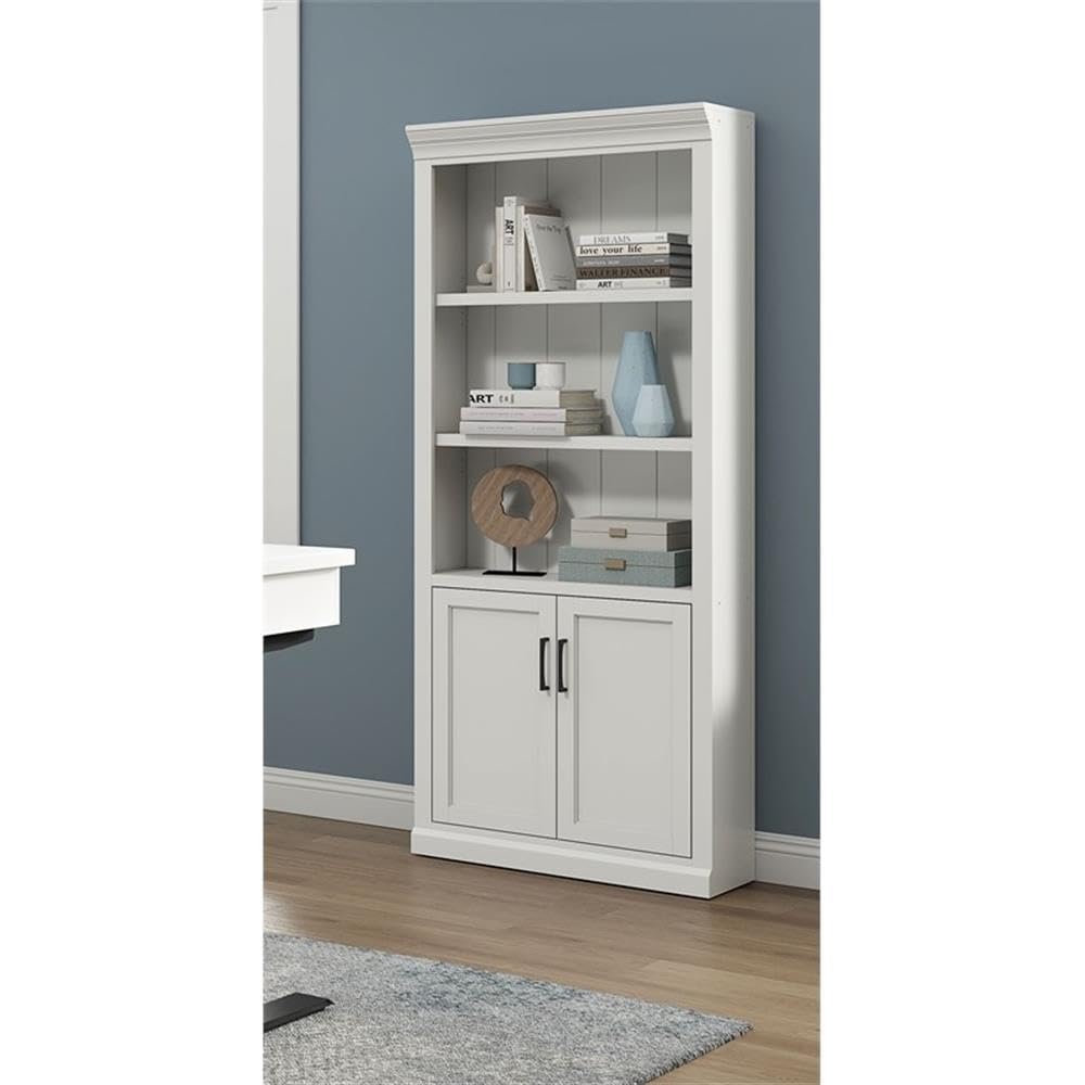 Modern Wood Lower Doors Bookcase Office Bookcase in White