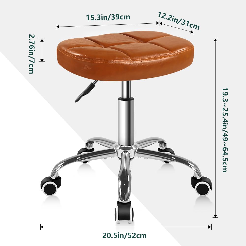 6-Square Lattice PU Swivel Stool with Wheel for Work SPA Shop Massage Height-Adjustable and Cost-Effective Rolling Stool Chair (Brown)