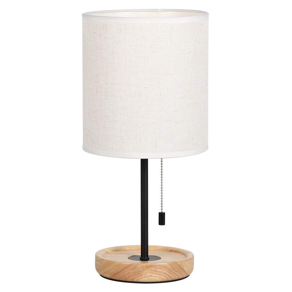 Bedside Table Lamp - Modern Nightstand Lamp with Linen Fabric Shade Wooden Desk Lamps for Bedrooms, Office, College Dorm, Dinning Room, Girls Room - 16 Inches (HT-AD005)