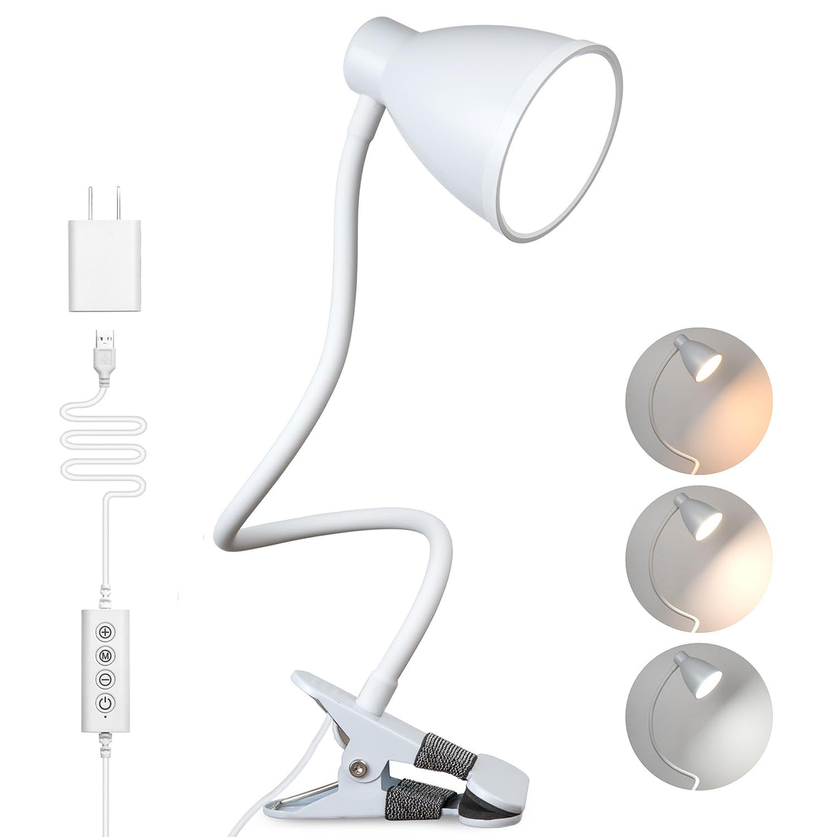 Clamp Lamp 5 Color Modes 10 Brightness Dimmer Bedside Lamp, White