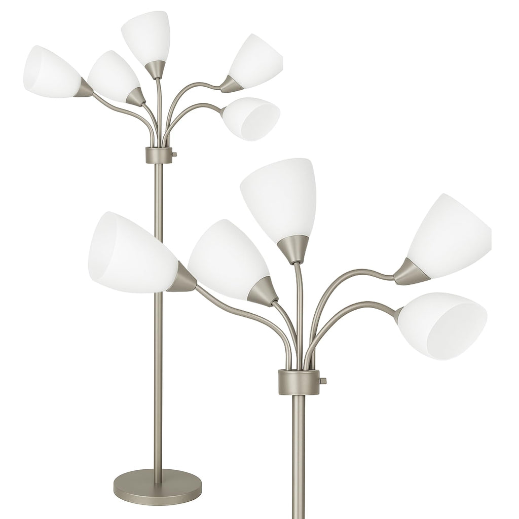 Medusa 5-Light Floor Lamp – Silver Multi-Head Standing Lamp w/ 5 Adjustable White Acrylic Shades for Bedroom, Living Room, Office, Requires E12 Candelabra-Base LED Bulbs
