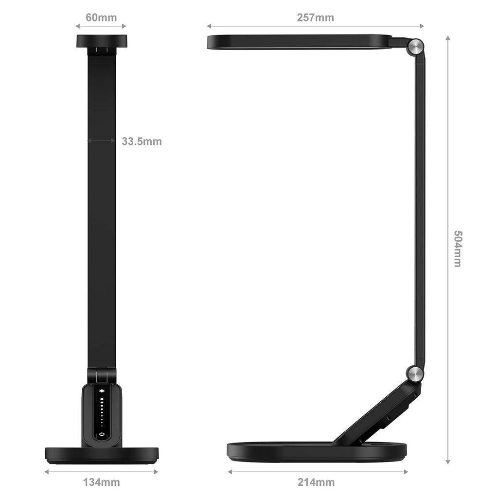 LED Desk Lamp, Eye-Caring Table Lamps Natural Light Protects Eyes Dimmable Office Lamp with 5 Color Modes USB Charging Port Touch Control and Memory Function, 10W Reading Lamp,Black