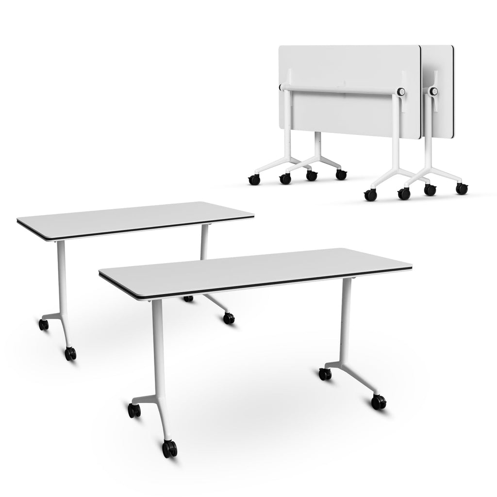 Folding Conference Table with Wheels, Flip-Top, 55.1in, 4 Pack, White