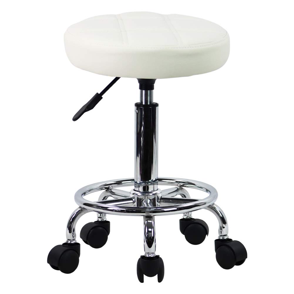 Round Rolling Stool Chair PU Leather Height Adjustable Swivel Drafting Work SPA Shop Medical Salon Stools with Wheels Office Chair Small (White)