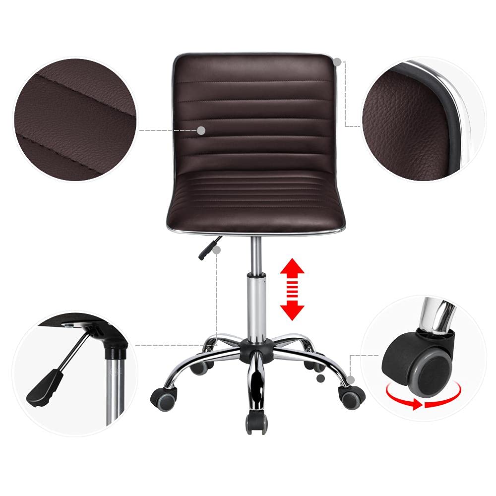 Modern PU Leather Ribbed Armless Working Office Chair Adjustable Low-Back Comfy Desk Task Chair w/Rolling Wheels, Brown