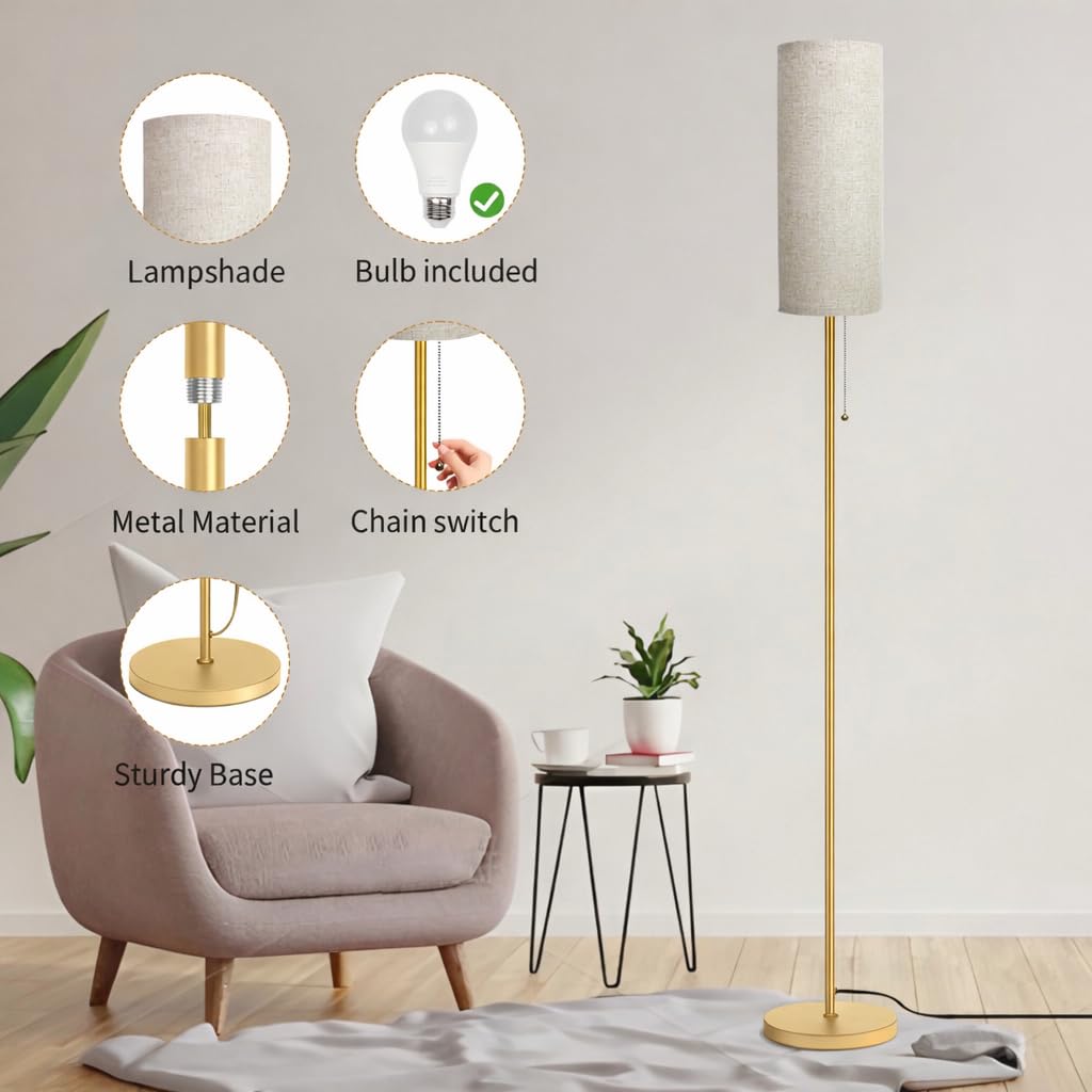 Modern Floor Lamp for Living Room, Gold Standing Lamps with 3 Color Temperatures Bulb, Minimalist Tall Lamp with Chain Switch for Bedroom, LED Bulb Included(Beige Shade+Gold)