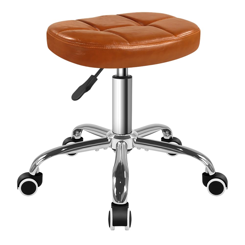 6-Square Lattice PU Swivel Stool with Wheel for Work SPA Shop Massage Height-Adjustable and Cost-Effective Rolling Stool Chair (Brown)