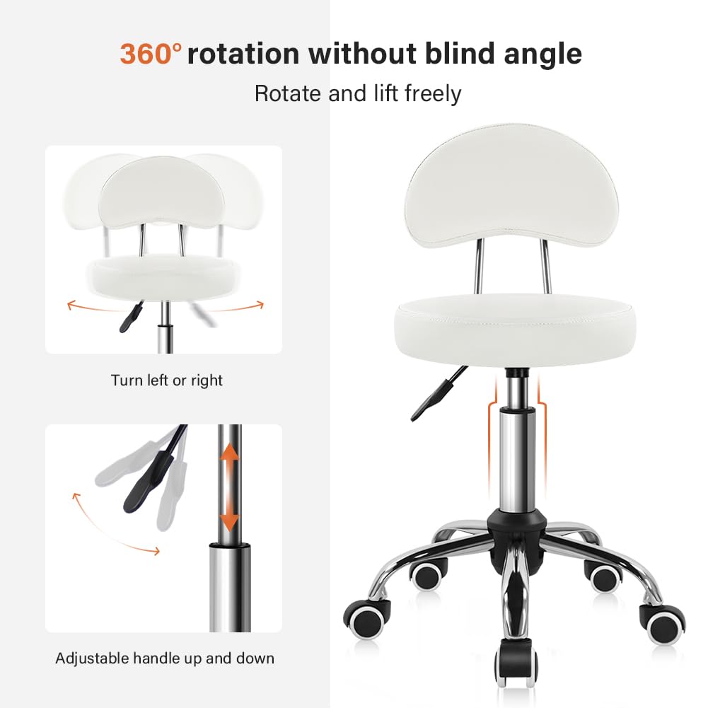 Rolling Stool with Mid Back Height Adjustable Chair PU Leather Swivel Chair with Wheels for Office Home Task Drafting (White)