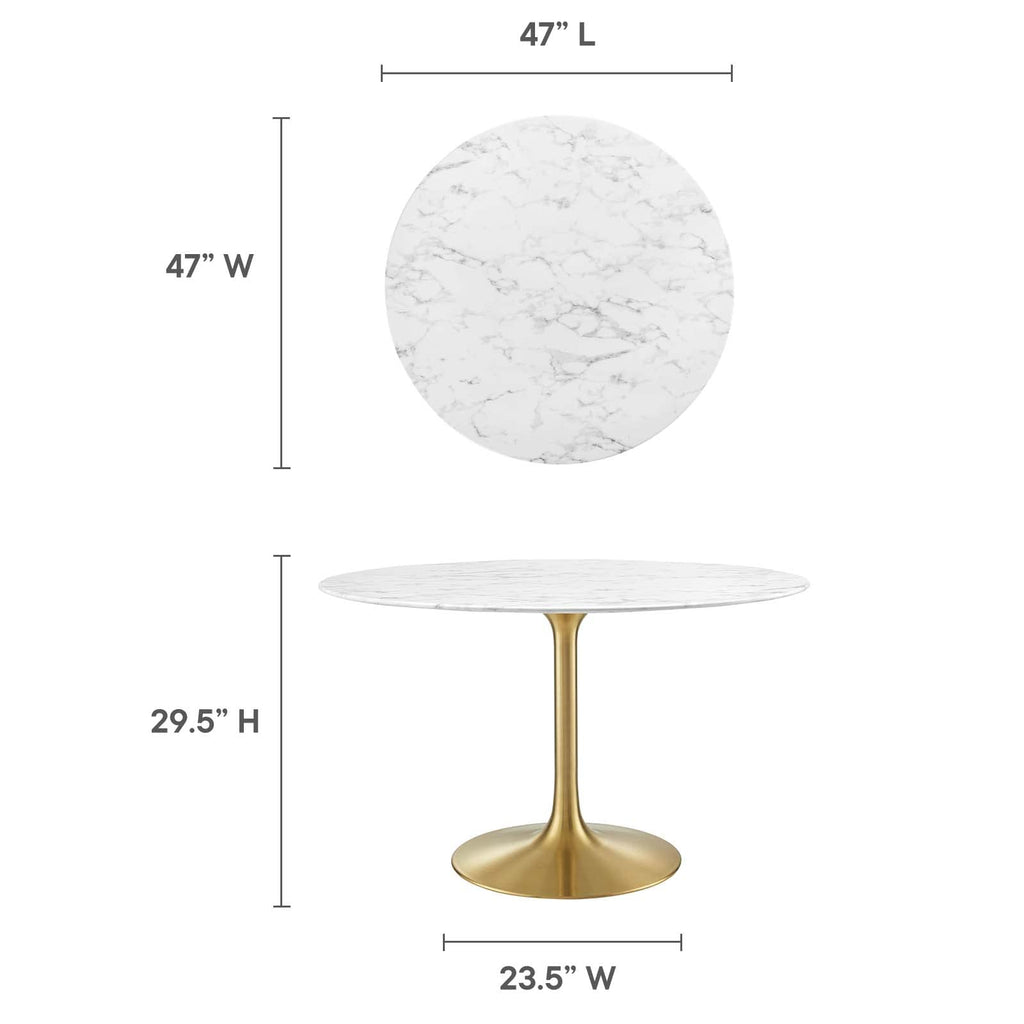 Modway Lippa 47" Mid-Century Dining Table with Round Artificial Marble Top in Gold White