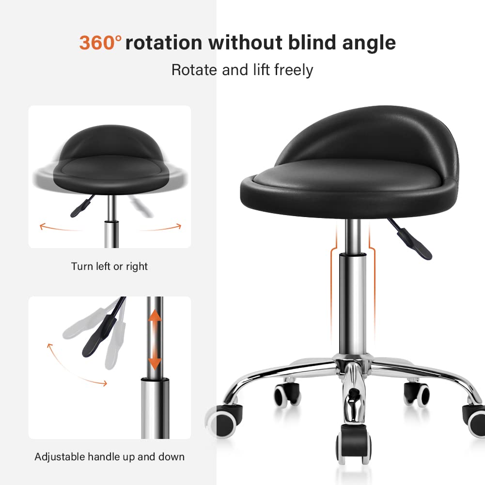 PU Leather Round Rolling Stool with Back Rest Height Adjustable Swivel Drafting Work SPA Task Chair with Wheels Black