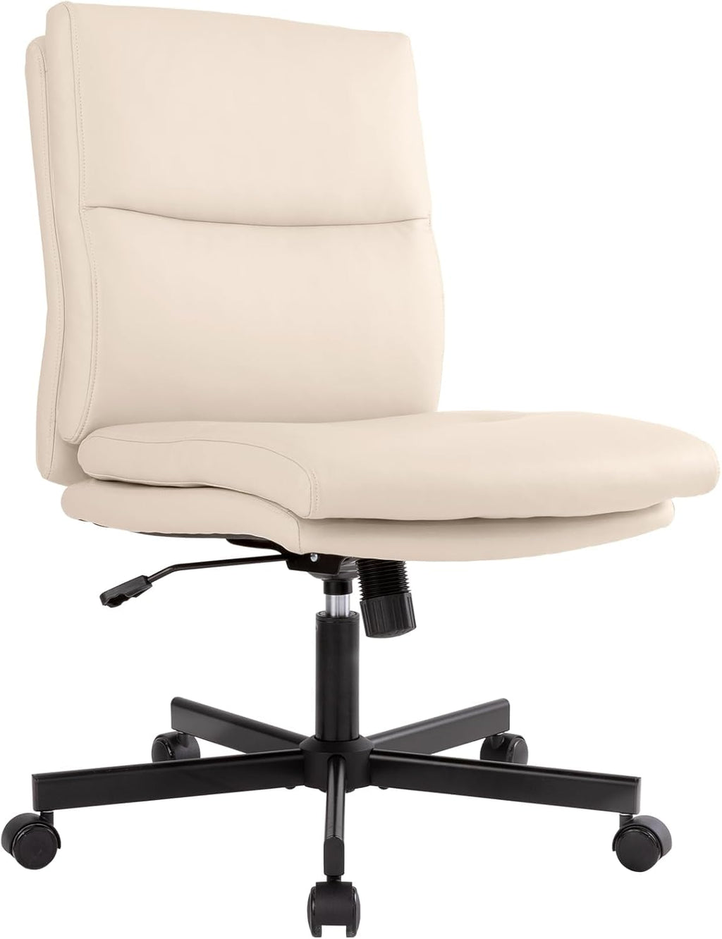 Armless Office Desk Chair with Wheels, Mid-Back Criss Cross Swivel Task Chair, Height Adjustable Cushioned Vanity Chair, Double Padded PU Leather Chair for Home, Office & Bedroom, Beige White