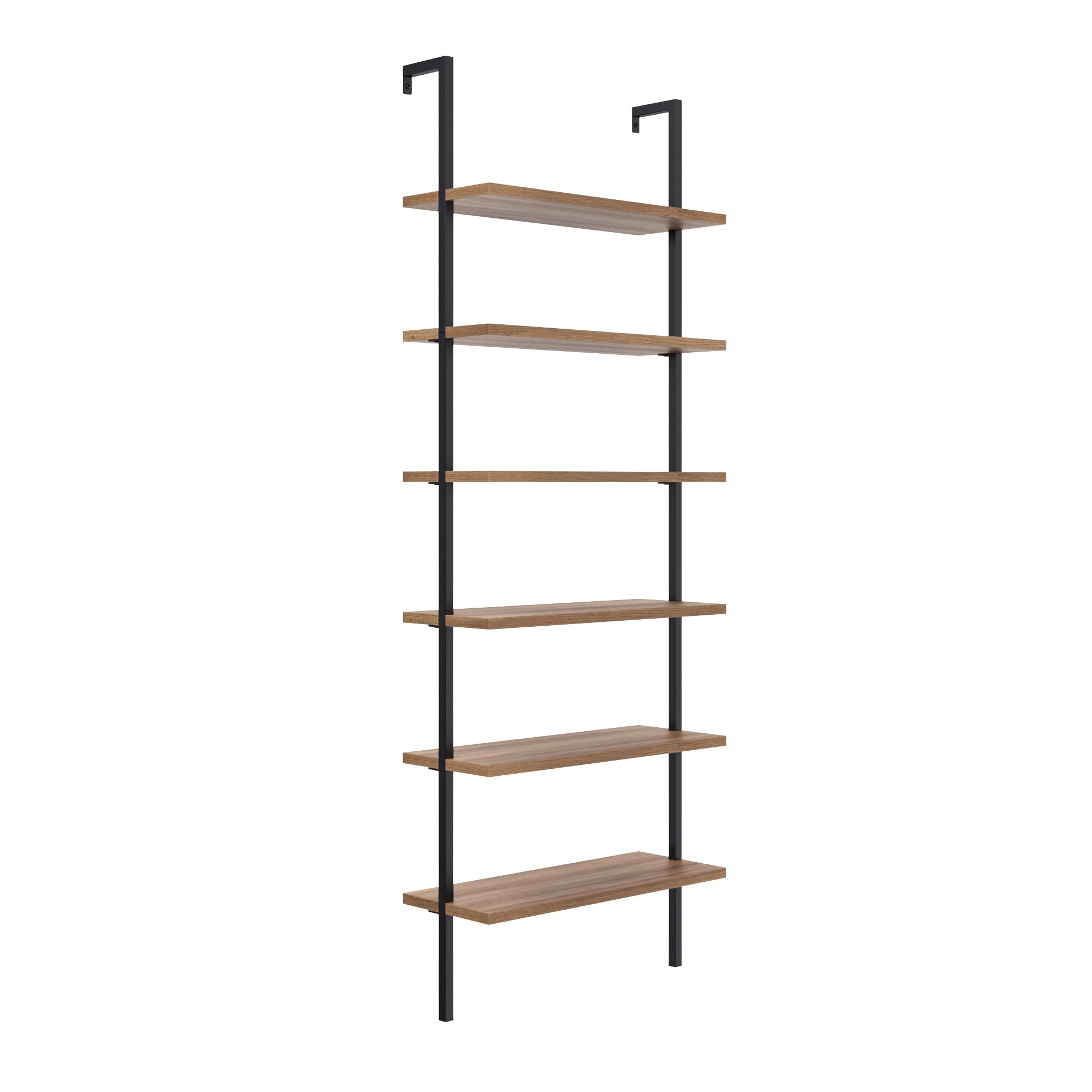 6-Shelf Tall Bookcase, Wall Mount Bookshelf with Reclaimed Wood and Industrial Metal Frame, Oak/Black