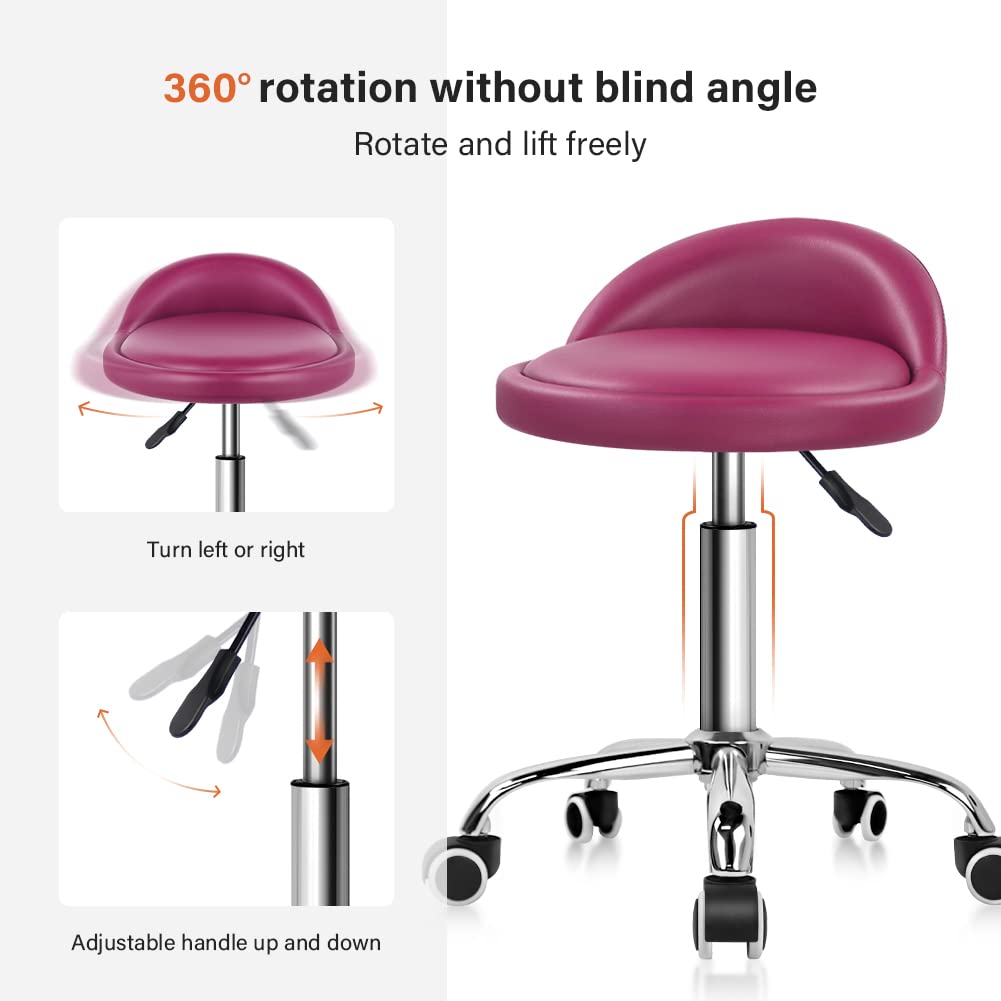PU Leather Round Rolling Stool with Back Rest Height Adjustable Swivel Drafting Work SPA Medical Task Chair with Wheels (Rose red)