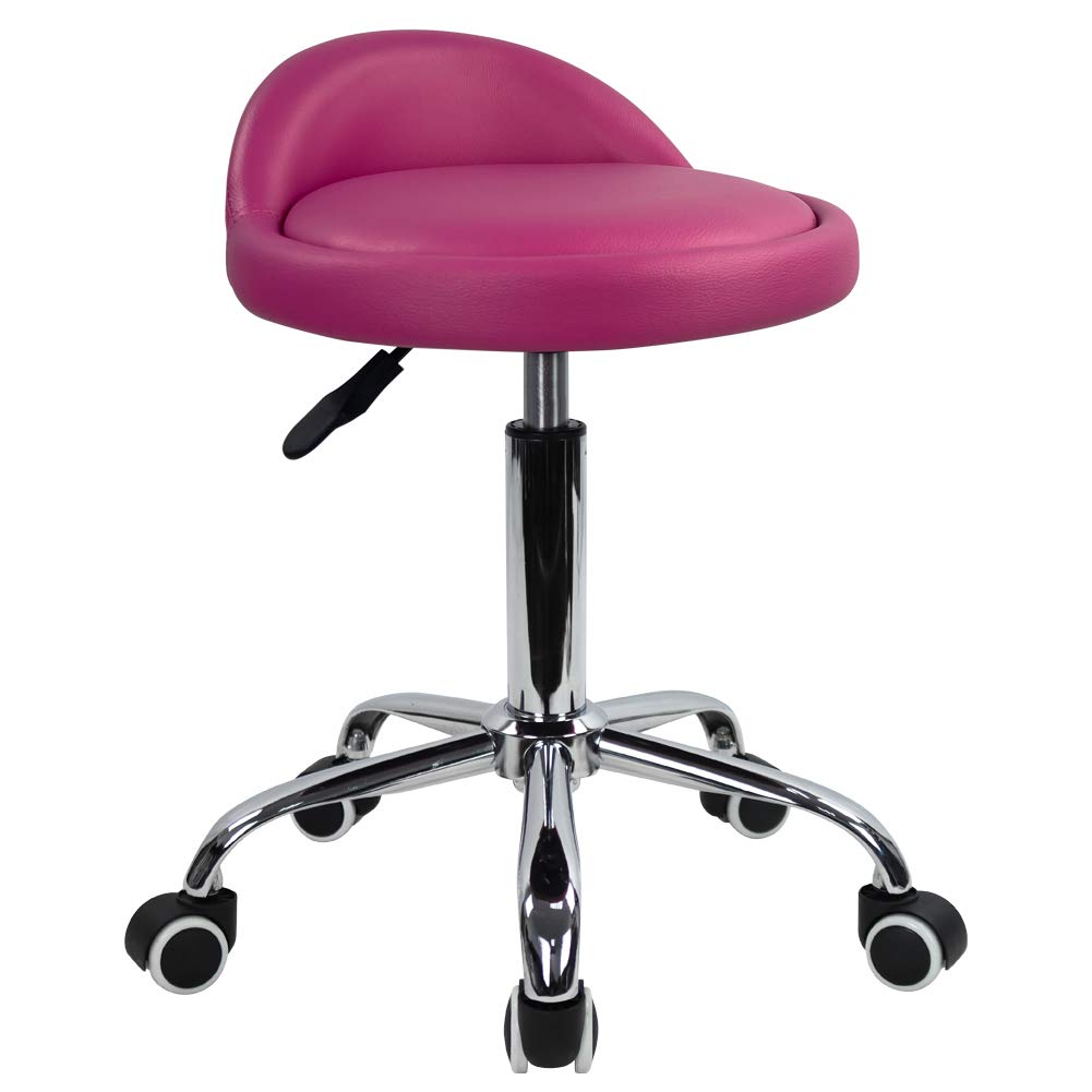 PU Leather Round Rolling Stool with Back Rest Height Adjustable Swivel Drafting Work SPA Medical Task Chair with Wheels (Rose red)