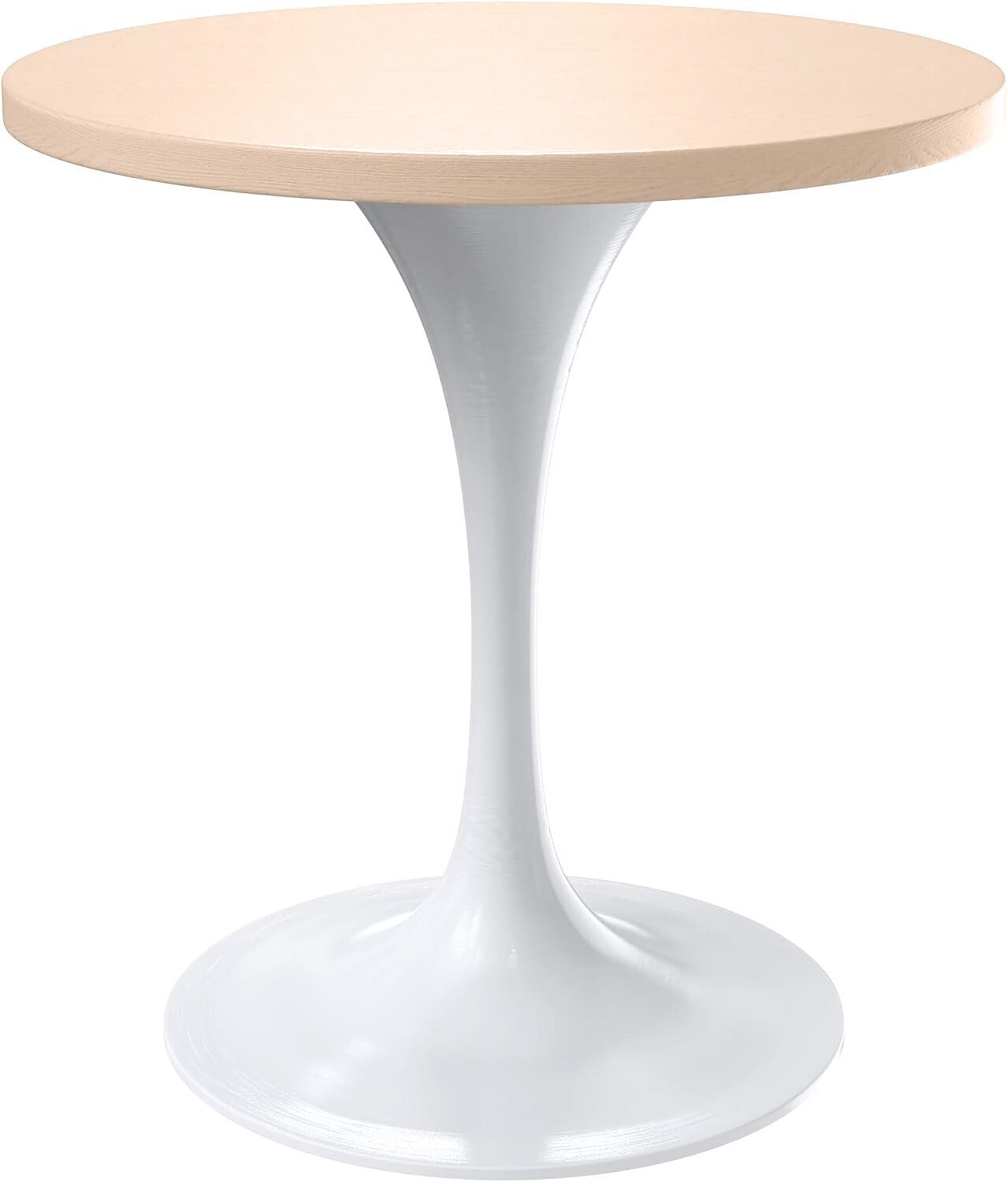 LeisureMod Verve Mid-Century Modern 27 Inch Round Dining Table, MDF Wood Tabletop with White Steel Pedestal Base, Contemporary Kitchen & Dining Room, Small Space Breakfast Table, Light Natural Wood