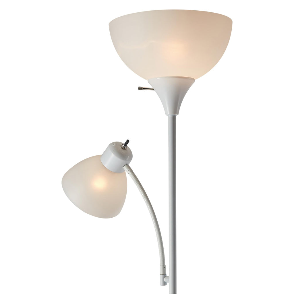 67136 72" Torchiere Floor Lamp with Adjustable Reading Light, Matte White Finish, Frosted Shades, Rotary Switch on Socket, E26 Base
