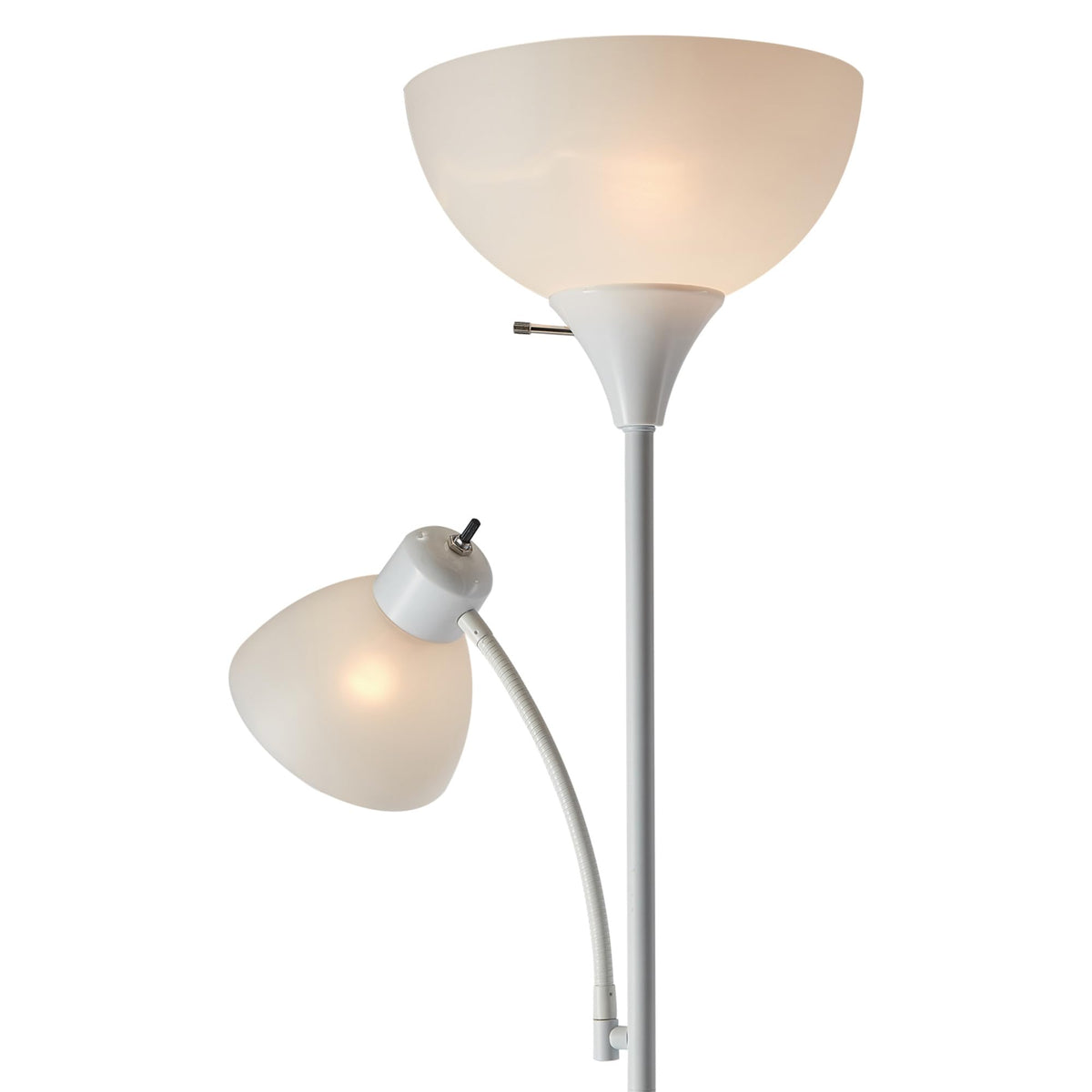 67136 72" Torchiere Floor Lamp with Adjustable Reading Light, Matte White Finish, Frosted Shades, Rotary Switch on Socket, E26 Base