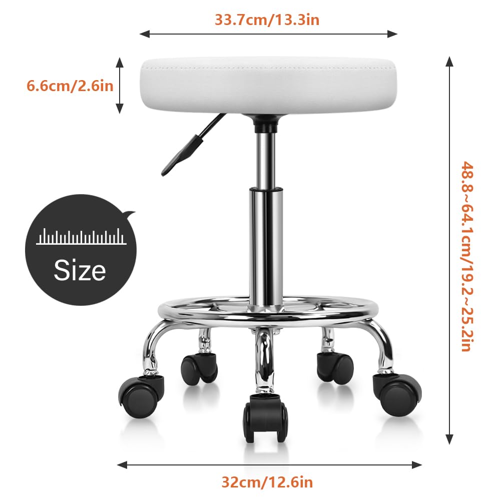PU Leather Round Rolling Stool with Foot Rest Swivel Height Adjustable Stool Spa Drafting Salon Tattoo Work Office Massage Task Chair White Small (White)