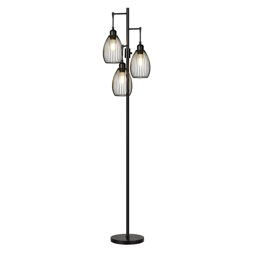 Floor Lamp, 3 x 800LM LED Edison Bulbs Included, Farmhouse Industrial Floor Lamp Standing Tree Lamp with Elegant Teardrop Cage Tall Lamps for Living Room Bedroom Office Dining Room-Black