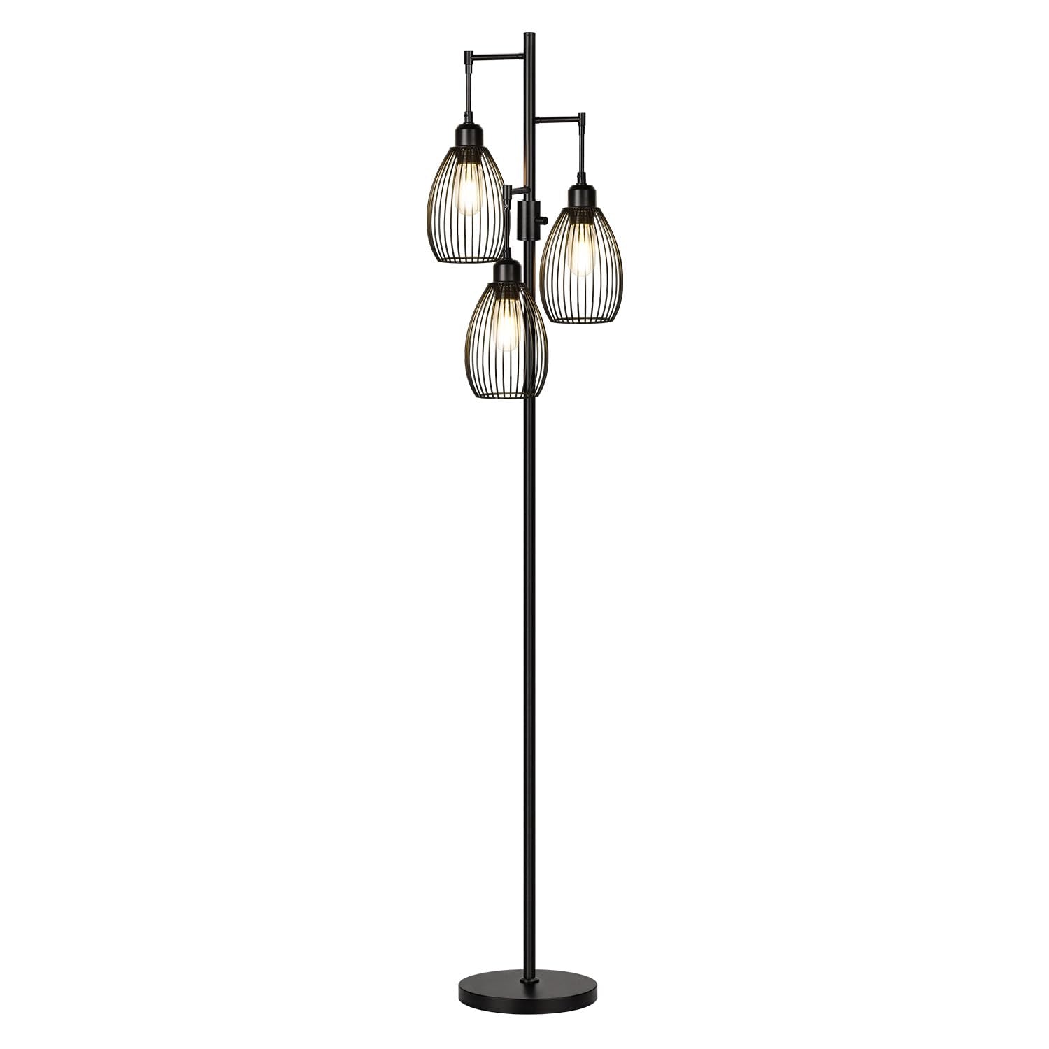 Floor Lamp, 3 x 800LM LED Edison Bulbs Included, Farmhouse Industrial Floor Lamp Standing Tree Lamp with Elegant Teardrop Cage Tall Lamps for Living Room Bedroom Office Dining Room-Black