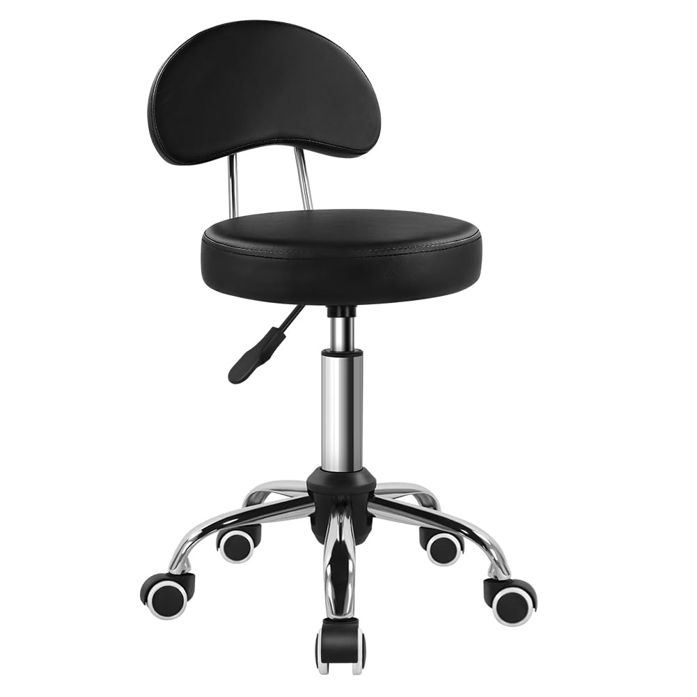 Rolling Stool with Mid Back Height Adjustable Chair PU Leather Swivel Chair with Wheels for Office Home Task Drafting (Black)