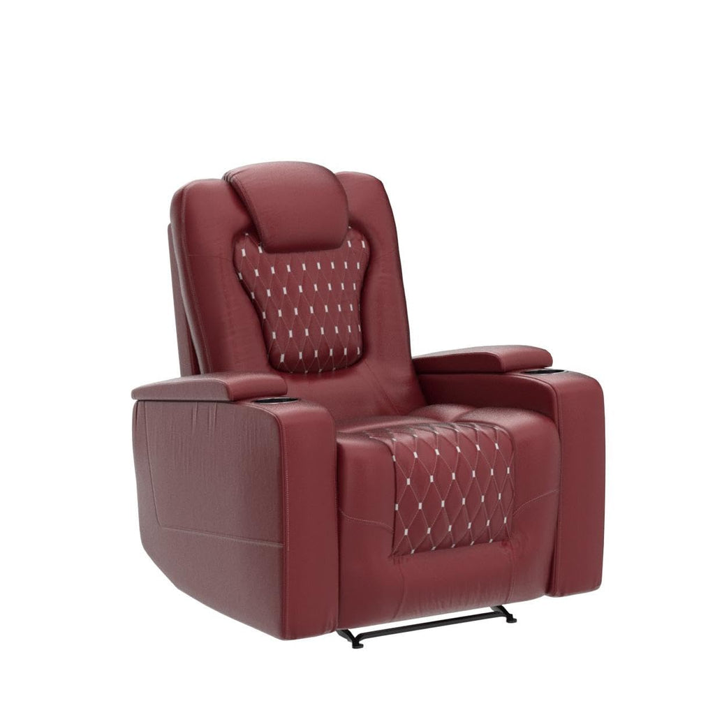 Power Recliner Chair with USB Ports and Cup Holders - Overstuffed Electric Home Theater Seating PU Leather Reclining Furniture with Hidden Arm Storage, Easy to Clean (Red)