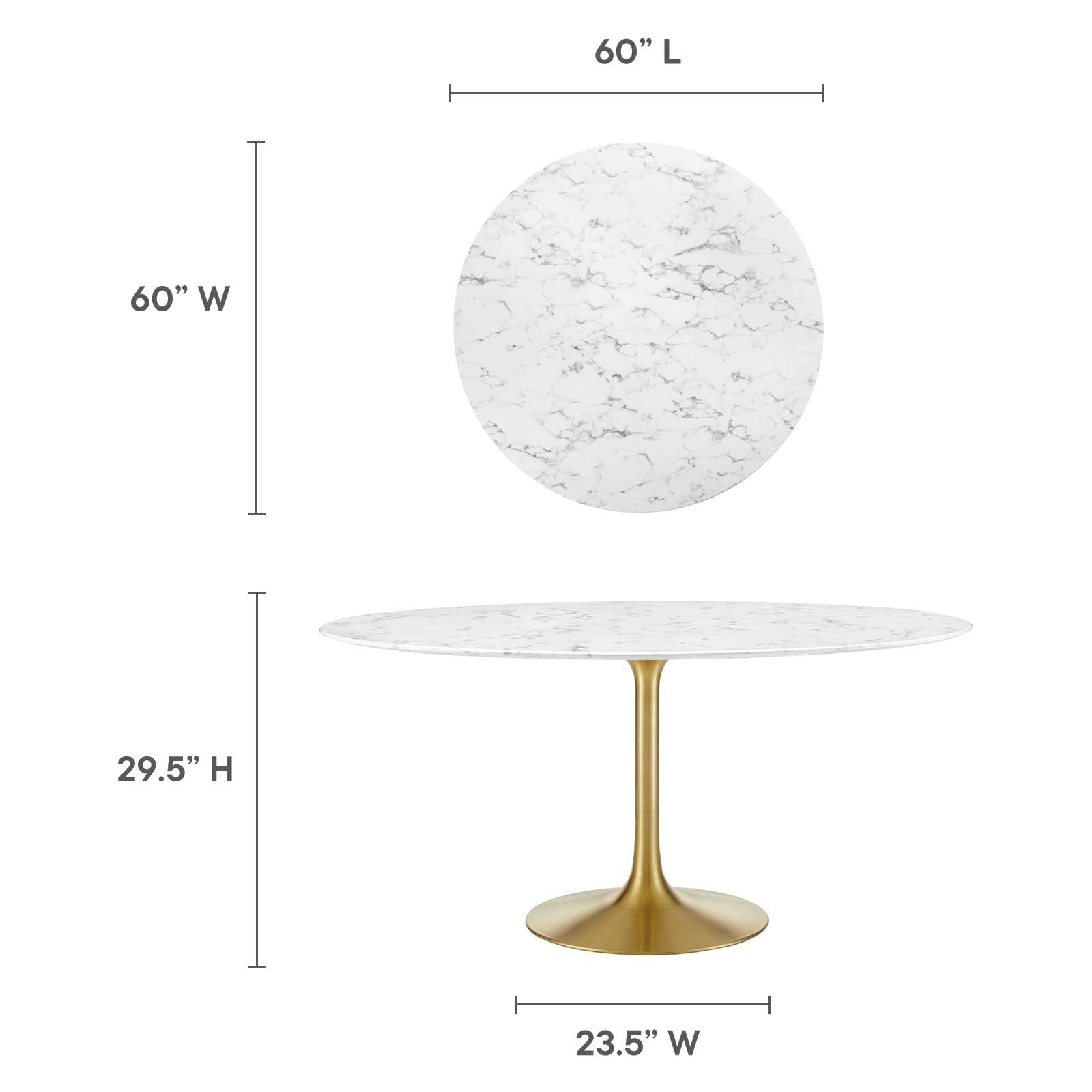 Modway Lippa 60" Mid-Century Dining Table with Round Artificial Marble Top in Gold White