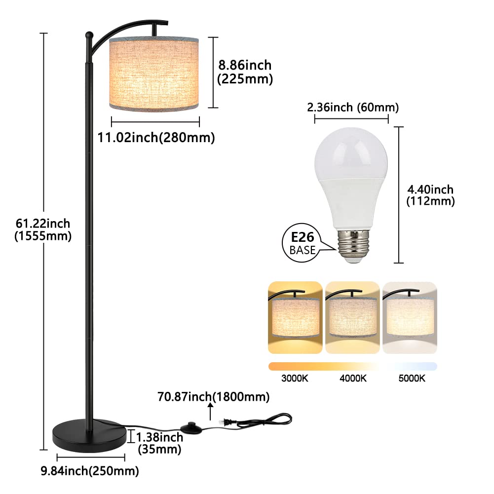 Floor Lamp for Living Room with 3 Color Temperatures LED Bulb, Standing Lamp Tall Industrial Floor Lamp Reading for Bedroom, Office (9W LED Bulb, Beige Lampshade Included) -Black
