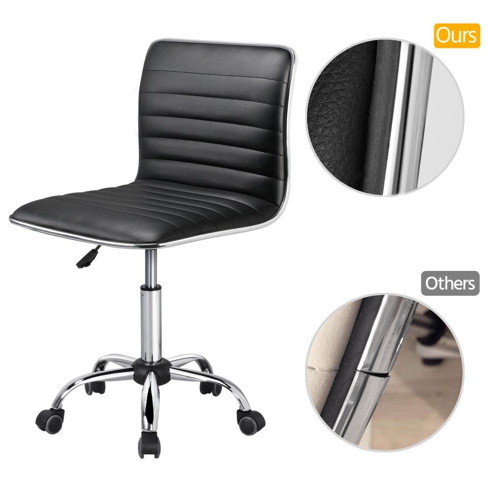 Adjustable Task Chair PU Leather Low Back Ribbed Armless Swivel Black Desk Chair Office Chair Wheels