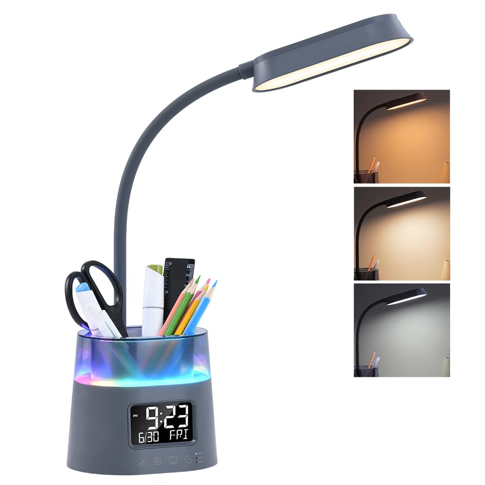 Led Desk Lamp with Pen Holder, Touch Lamps for Nightstand Eye-Caring Bedside Reading Light with Clock, Office Lamps Stepless Dimming, Lamp for Dorm Room, Suitable for Kid/Girl/Boy (Gray)