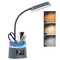 Led Desk Lamp with Pen Holder, Touch Lamps for Nightstand Eye-Caring Bedside Reading Light with Clock, Office Lamps Stepless Dimming, Lamp for Dorm Room, Suitable for Kid/Girl/Boy (Gray)
