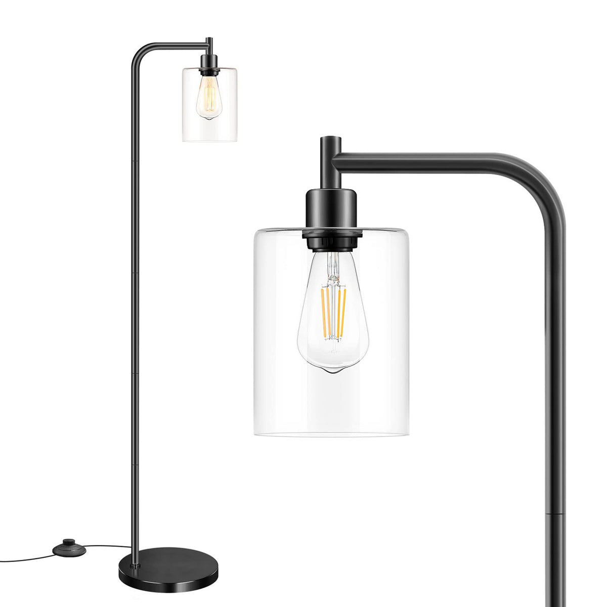 Black Industrial Floor Lamp with Hanging Glass Shade