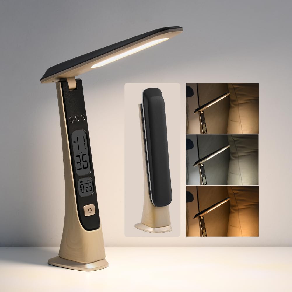 Rechargeable Lamps Cordless Table Lamp, Foldable Portable Desk Lamp, Battery Operated Lights with Stepless Brightness&Time Display for Home Office, Book Lights, Desk Accesories, Tea White