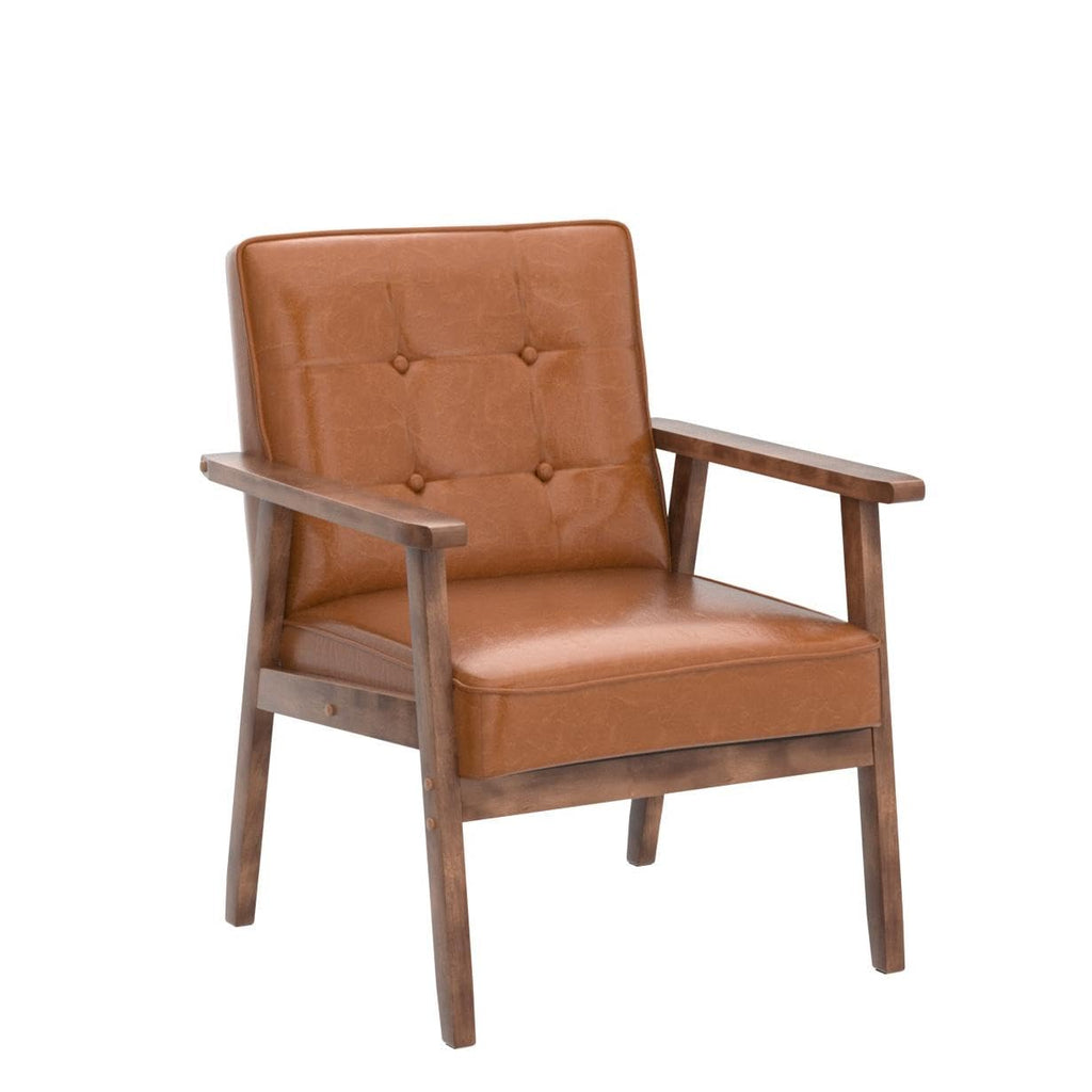 Mid Century Modern Accent Chair, Retro Wood Leather Armchairs Side Chair, Lounge Reading Comfy Arm Chair for Living Room, Bedroom, Office (Brown)
