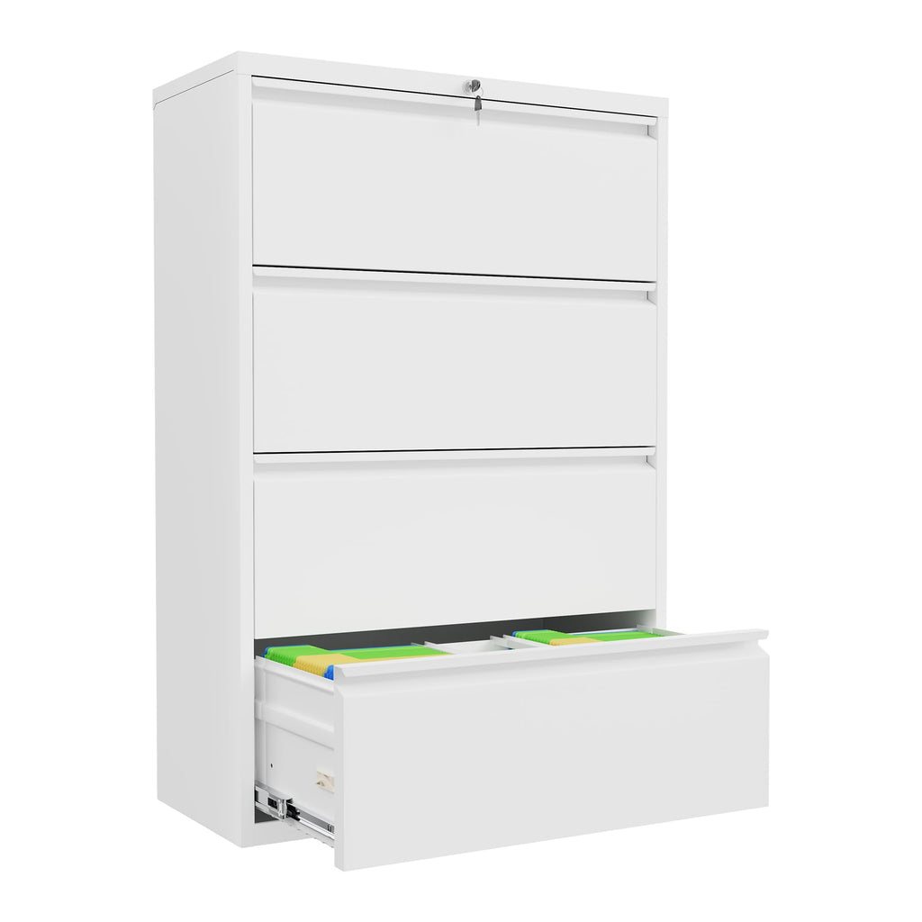4 Drawer File Cabinet, White Lateral File Cabinet with Lock, 28" W Metal Office Filing Cabinet with Adjustable Frame for Legal, Letter, A4 Files
