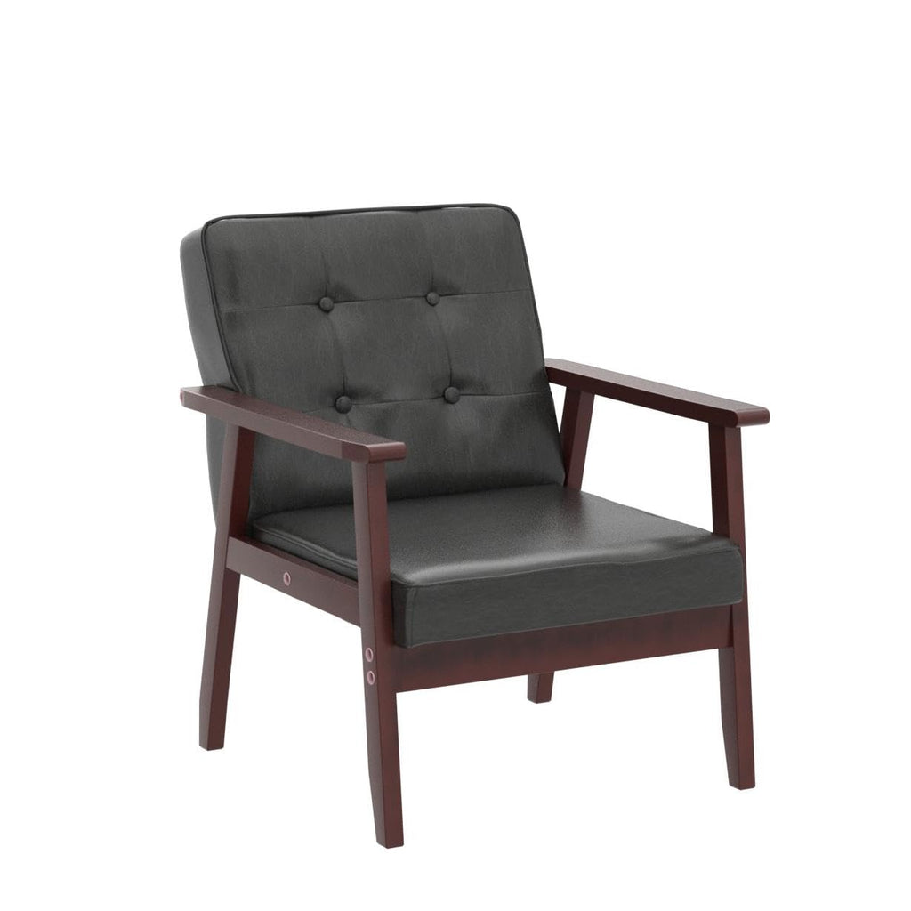 Mid Century Modern Accent Chair, Retro Wood and Leather Armchairs Side Chair, Lounge Reading Comfy Arm Chair for Living Room, Bedroom, Office (Black)