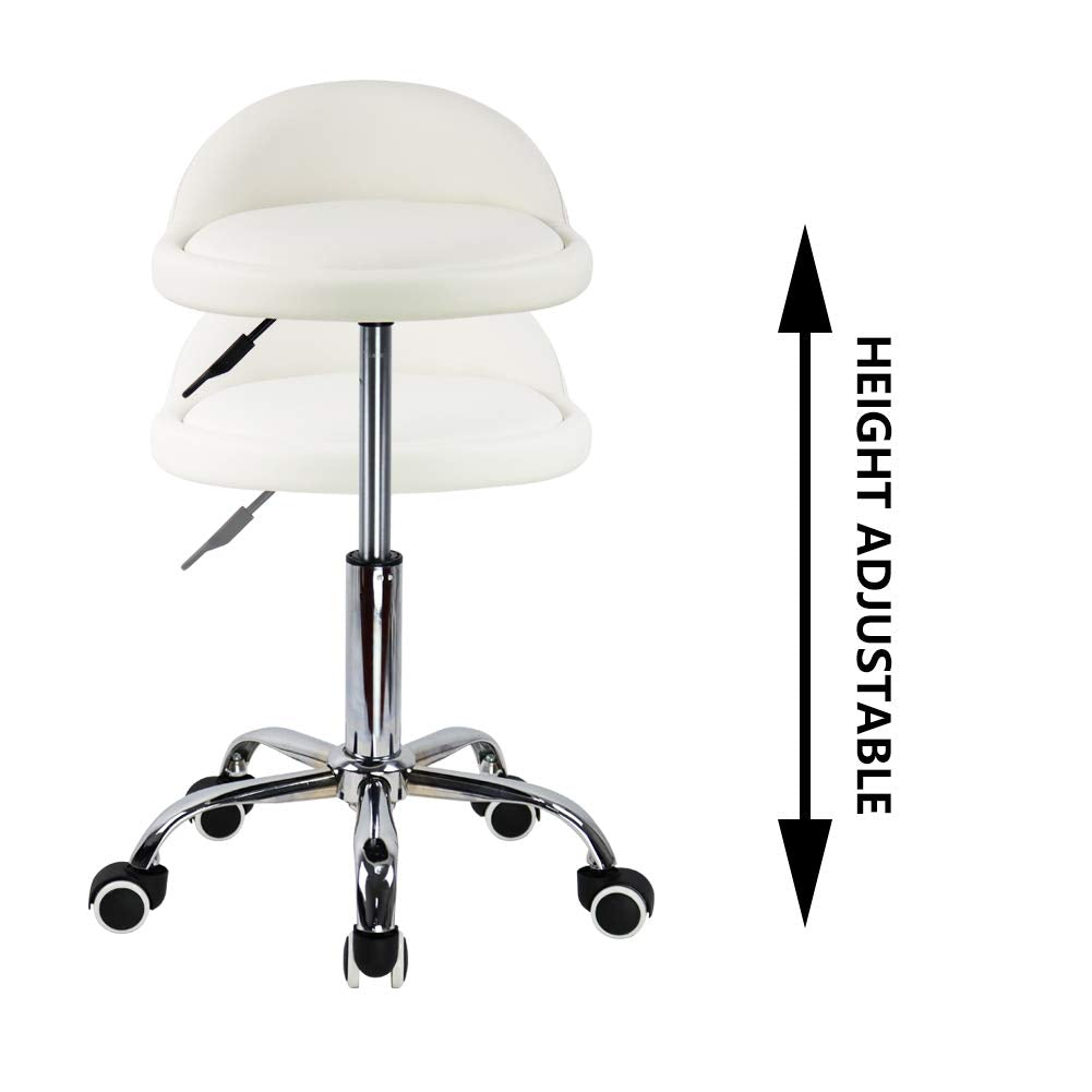 PU Leather Round Rolling Stool with Back Rest Height Adjustable Swivel Drafting Work SPA Task Chair with Wheels (White)