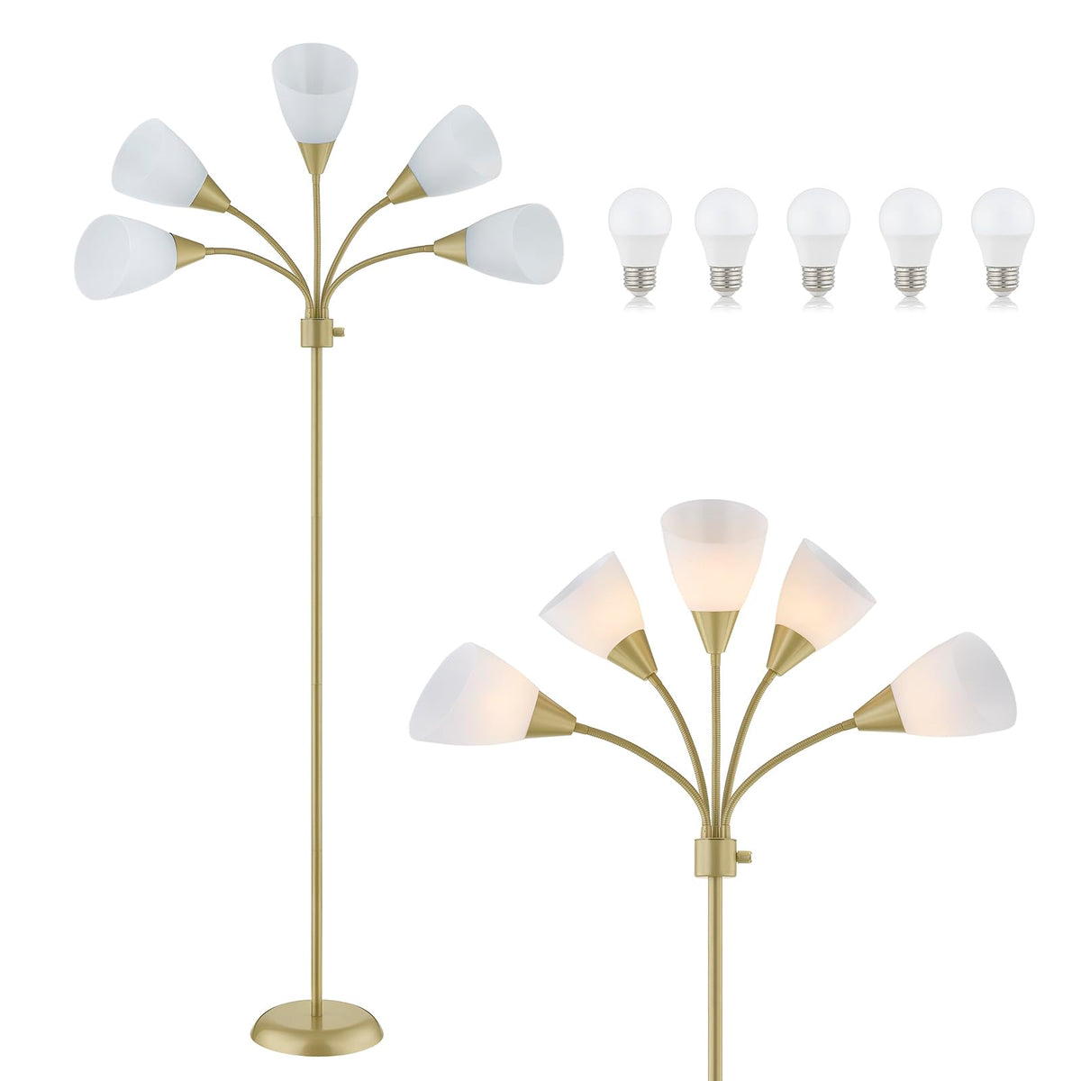 Medusa Modern Decor Floor Lamp, 5 Head Adjustable Gooseneck Lamps for Reading, White Shades Multiple Tall Standing Lamps for Living Room Bedroom Office Kids Classroom, Gold, Bulbs Included