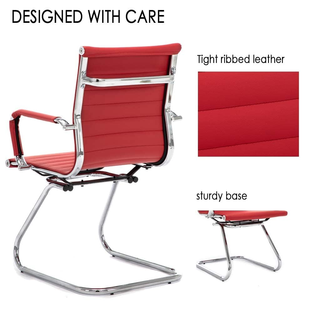 Office Desk Chair Set of 8,No Wheels PU Leather Computer Chairs Mid Back Guest Chairs with Seld Base for School/Reception/Conference/Waiting Room,Burgundy Red
