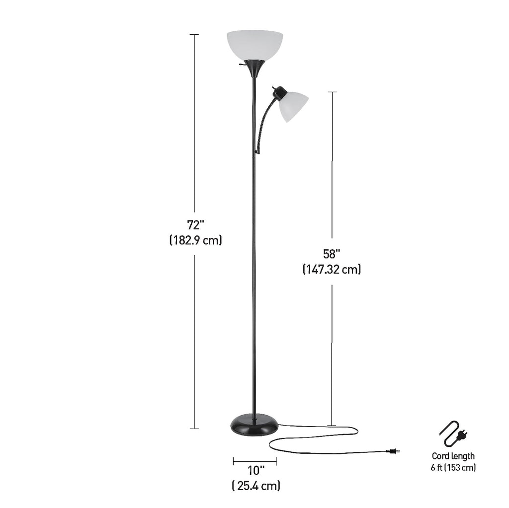67135 72" Floor Lamp with Adjustable Reading Light, Bright, Easy-to-Assemble Torchiere for Bedroom, Living Room & Office - Space-Saving Slim Design