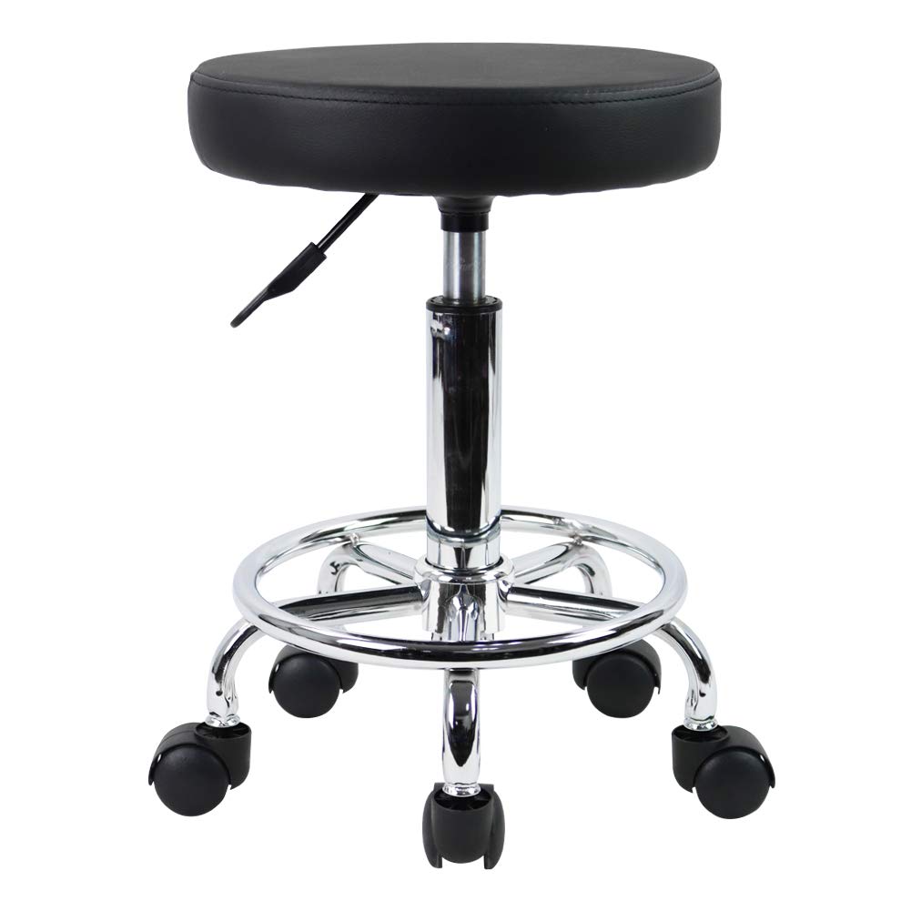 PU Leather Round Rolling Stool with Foot Rest Swivel Height Adjustment Spa Drafting Salon Tattoo Work Office Massage Stools Task Chair Small (Black)