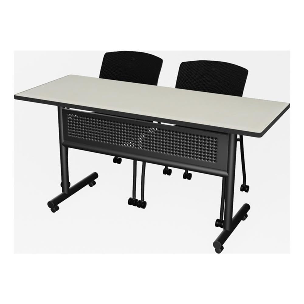 60 x 24 Flip-Top Nesting Table, Maple Laminate, Black T Edge, 1" Thick Melamine, Includes 2 Stackable Mesh Chairs, Durable Training or Conference Room Set, Space-Saving Design