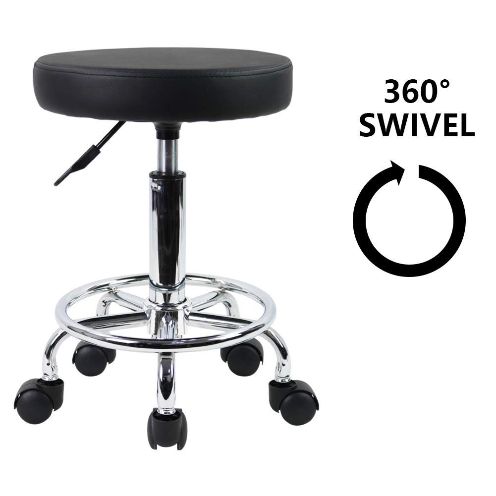 PU Leather Round Rolling Stool with Foot Rest Swivel Height Adjustment Spa Drafting Salon Tattoo Work Office Massage Stools Task Chair Small (Black)